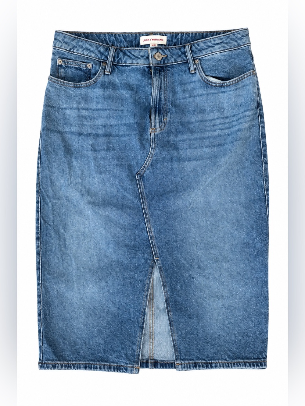 Lucky Brand Denim Midi Skirt 14/32 Blue Front Slit Pencil Jean Skirt